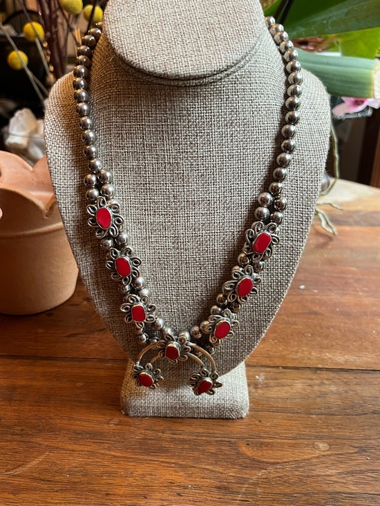 Native American Jewelry - Sterling Silver Squash Blossom Necklace with Coral Stone Accents!